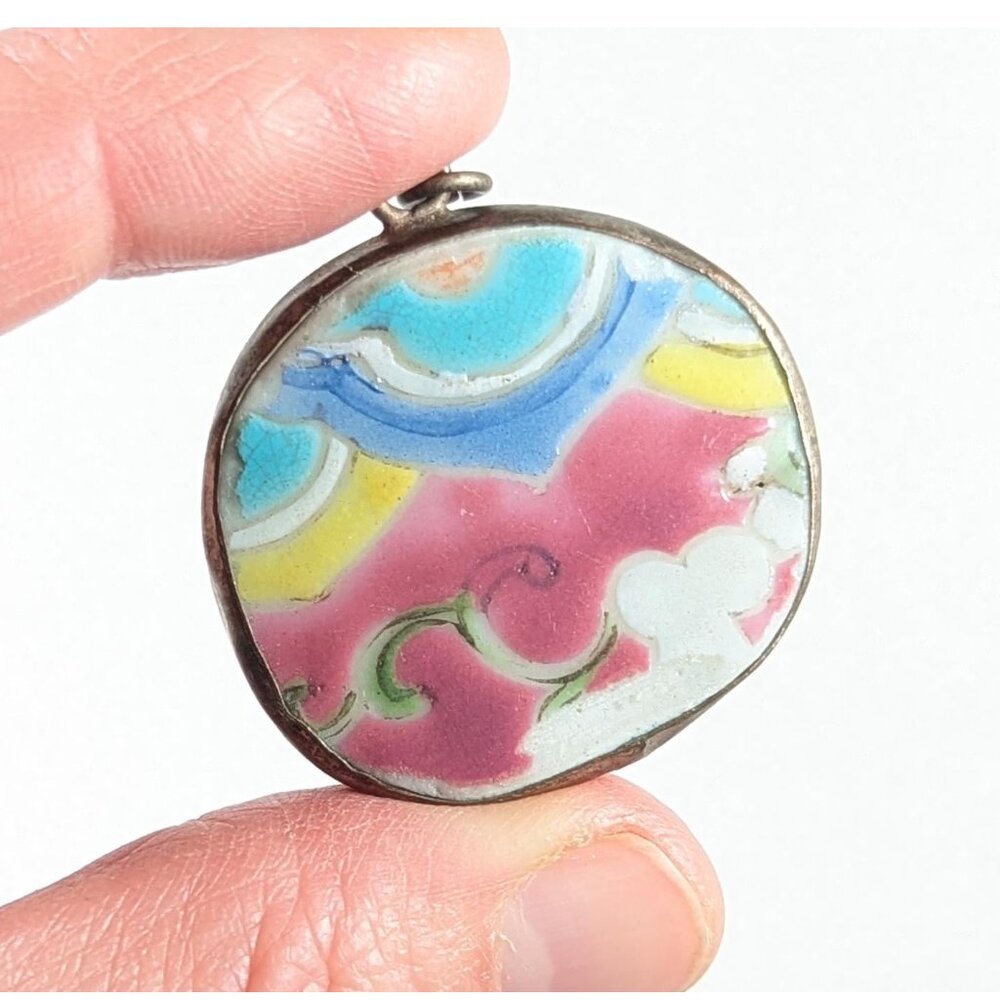 Vintage rainbow glazed clouds pottery shard pendant, Repurposed pottery piece